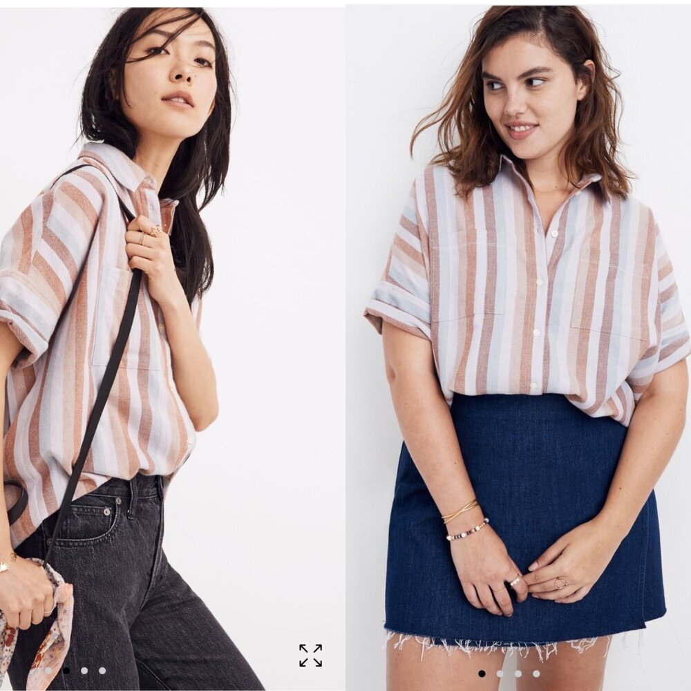 Madewell Oversized Boxy Button Up Striped Flannel Short Sleeve Top Women's XXS